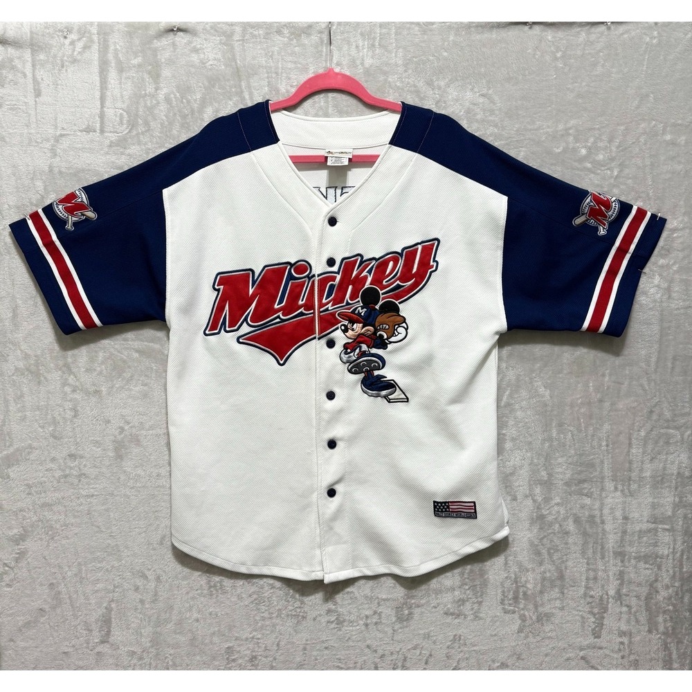 Vintage Walt‎ Disney World Mickey Mouse Baseball Jersey Button Up Shirt Men's
